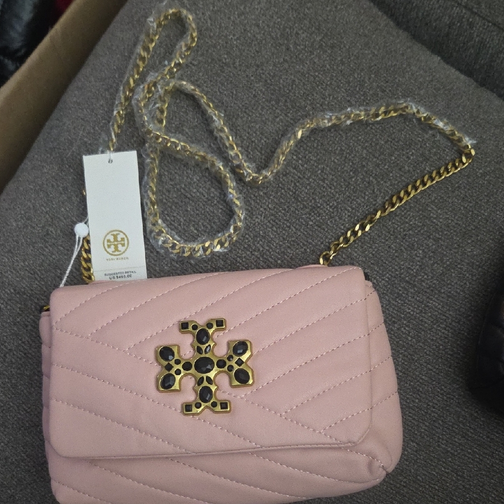 Tory Burch Blush Quilted Crossbody Bag with Gold Chain